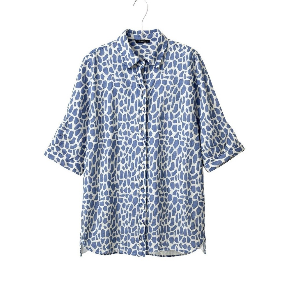 Pure‎ Amici Womens Large Blue White Giraffe Print Linen Button Down Shirt